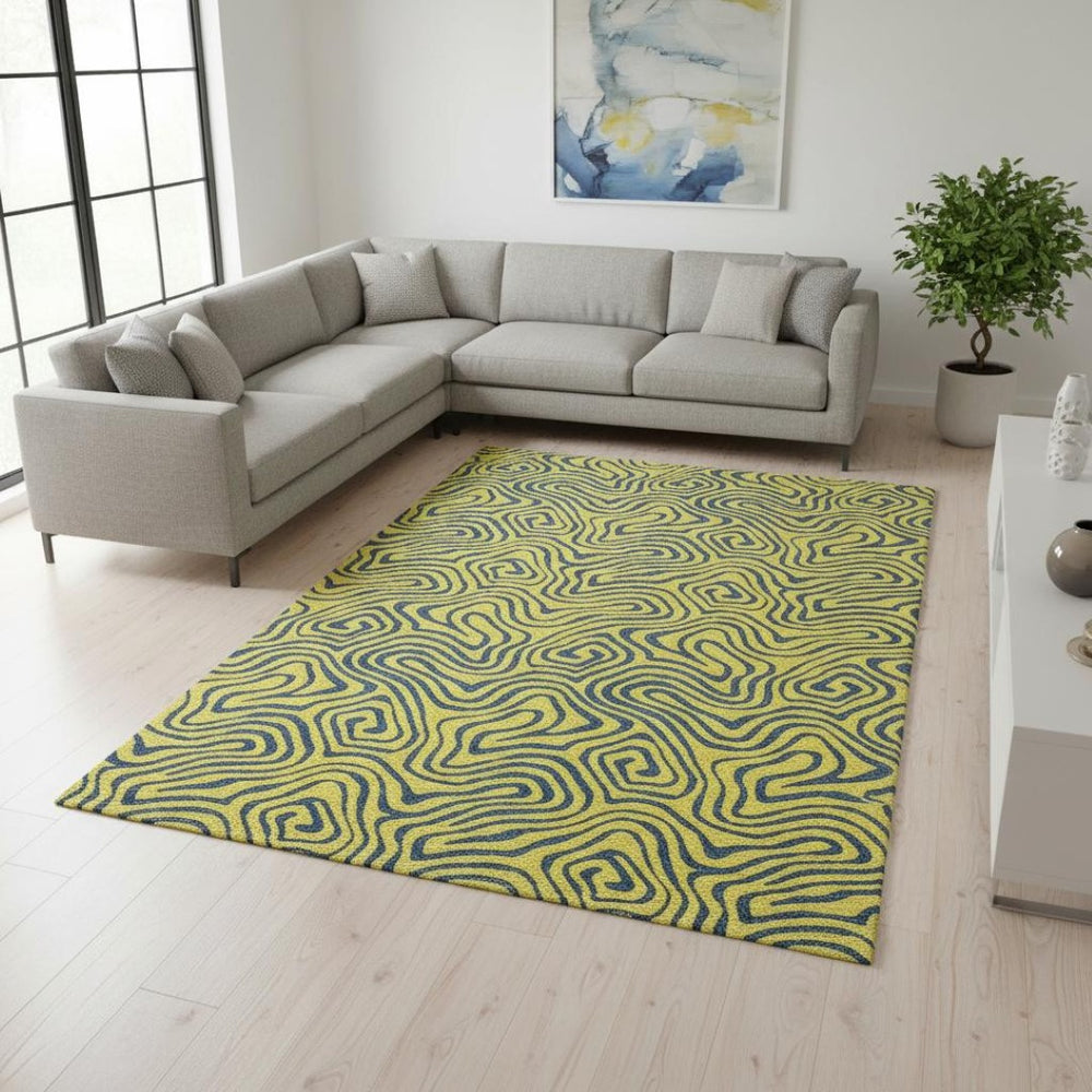 HomeRoots 8' X 10' Abstract Yellow & Navy Blue Area Rug - Washable, UV-Protected, Kid & Pet Friendly Design 680997