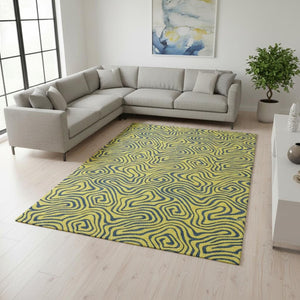 HomeRoots 8' X 10' Abstract Yellow & Navy Blue Area Rug - Washable, UV-Protected, Kid & Pet Friendly Design 680997