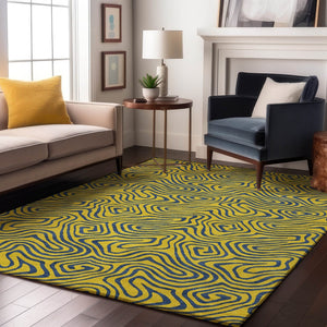 HomeRoots 8' X 10' Abstract Yellow & Navy Blue Area Rug - Washable, UV-Protected, Kid & Pet Friendly Design 680997