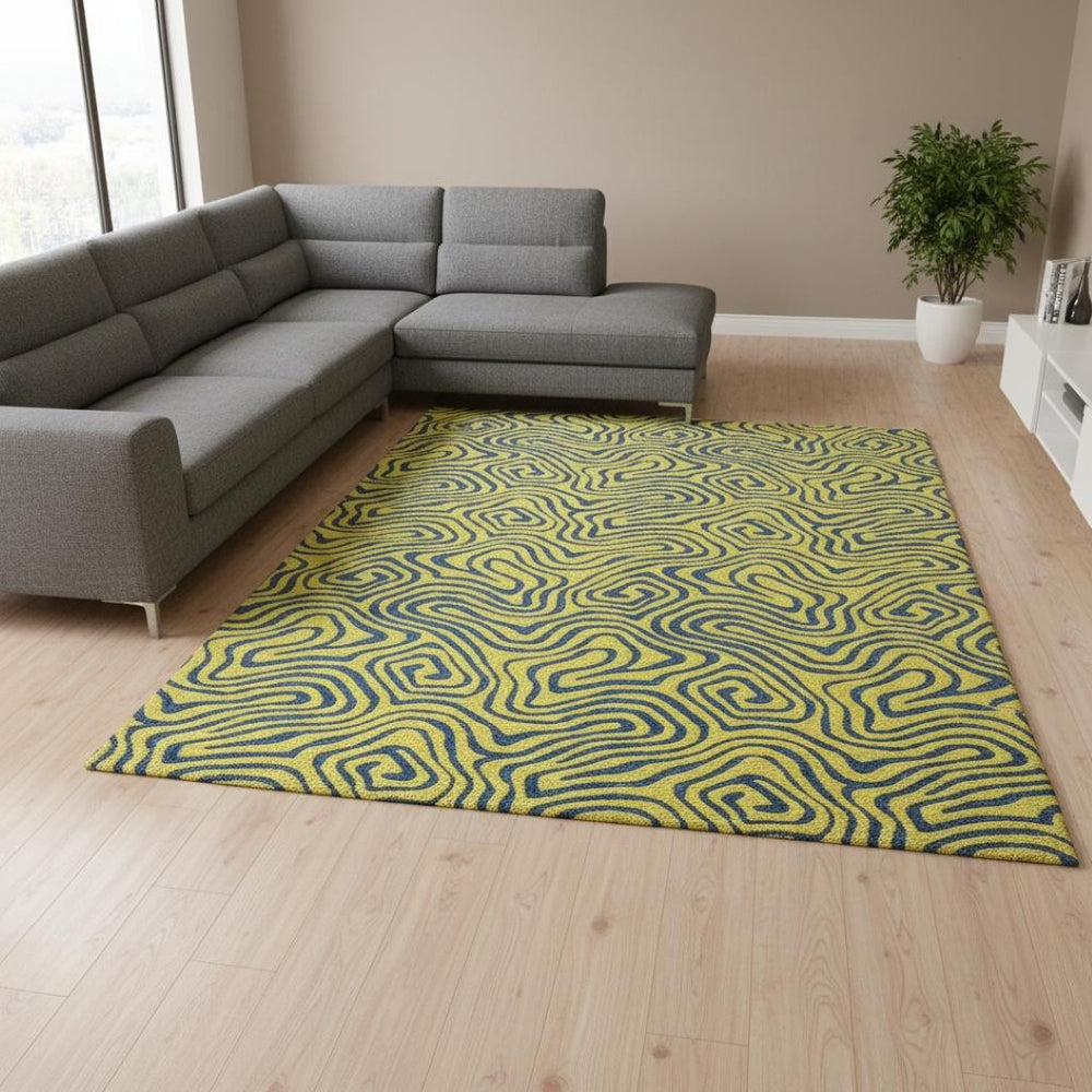HomeRoots 9' X 12' Abstract Yellow & Navy Blue Washable Area Rug – UV Protected, Family-Friendly Design! 680998