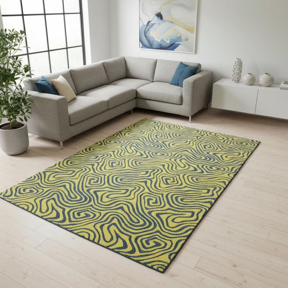 HomeRoots 10' X 14' Yellow & Navy Blue Abstract Washable Area Rug with UV Protection for High-Traffic Spaces 680999