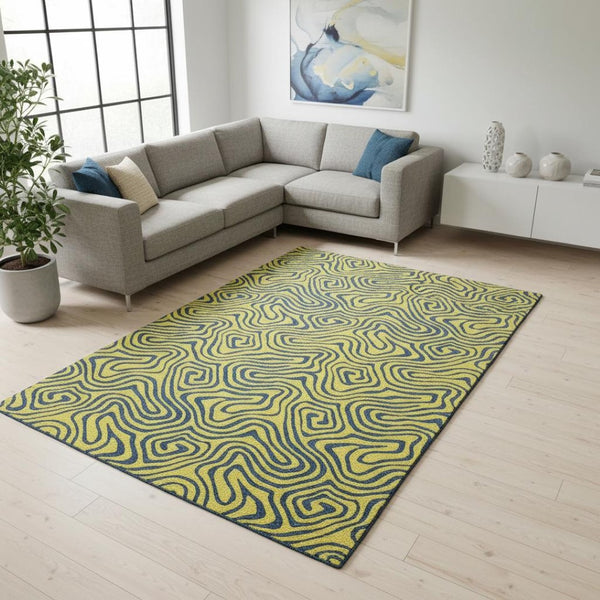 HomeRoots 10' X 14' Yellow & Navy Blue Abstract Washable Area Rug with UV Protection for High-Traffic Spaces 680999