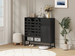 English Elm Buffet Black Woven Arched Door Sideboard with Adjustable Shelves, Metal Legs, Drawer, Entryway-Friendly W2977P338264