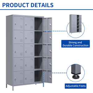 English Elm 15 Door 72"H Metal Lockers - Secure 15-Compartment Steel Storage Cabinet for Gym Office School Home T2398P282183