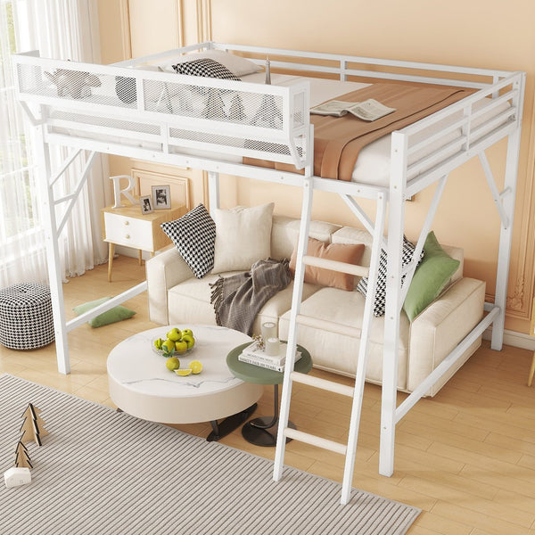 English Elm Full Size Loft Bed with Ladder and Built-In Shelves, Sturdy Metal High Loft for Kids Teens 54" White W2580P379995