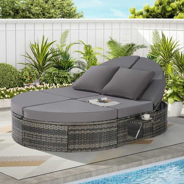 English Elm Outdoor Round Pe Rattan Daybed with Reclining Backrest and Built in Cup Trays Dark Gray W874S00079