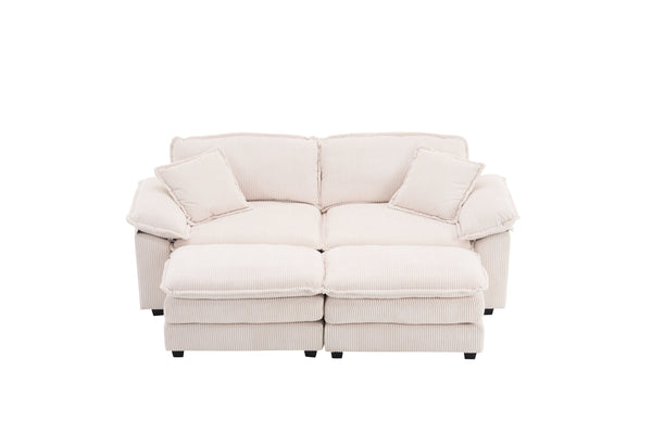 English Elm Corduroy Plush 2-Seat Sofa with 2 Back Cushions, Toss Pillows & Ottomans — Deep Seat Comfort White W2363S00062
