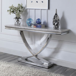 English Elm Glam Luxurious Sofa Table with Faux Marble Beveled Top and Curved Pedestal Base for Elegant Living Rooms Chrome 19 L x 58 W x 4 H B2741S00432