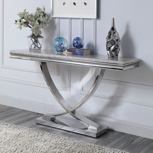 English Elm Glam Luxurious Sofa Table with Faux Marble Beveled Top and Curved Pedestal Base for Elegant Living Rooms Chrome 19 L x 58 W x 4 H B2741S00432