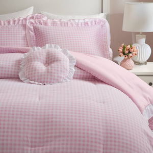 English Elm 4-piece Gingham Ruffle Comforter Set Romantic Cottage Bedroom Brushed Polyester Fill Pink B035P463188