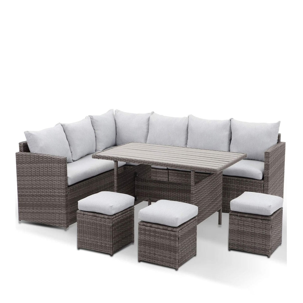 English Elm 7 Piece Pe Rattan Outdoor Dining Set Seats Nine with Wpc Table and Modular Sofa Grey+Brown B082S00079
