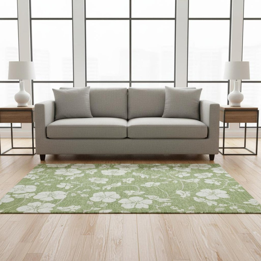 HomeRoots 5' X 8' Artichoke Green Floral Area Rug - Stylish, Washable, UV Protected & Pet-Friendly Design 681001
