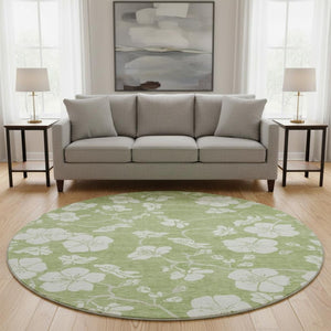 HomeRoots 8' Artichoke Green & Ivory Floral Washable Round Rug - UV Protected, Stain-Resistant & Stylish Design 681002