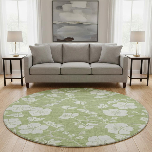 HomeRoots 8' Artichoke Green & Ivory Floral Washable Round Rug - UV Protected, Stain-Resistant & Stylish Design 681002
