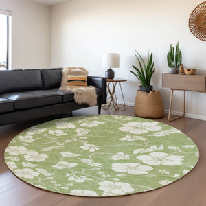 HomeRoots 8' Artichoke Green & Ivory Floral Washable Round Rug - UV Protected, Stain-Resistant & Stylish Design 681002