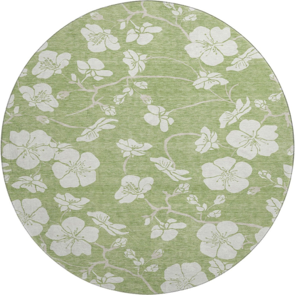 HomeRoots 8' Artichoke Green & Ivory Floral Washable Round Rug - UV Protected, Stain-Resistant & Stylish Design 681002