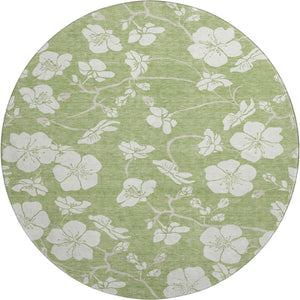 HomeRoots 8' Artichoke Green & Ivory Floral Washable Round Rug - UV Protected, Stain-Resistant & Stylish Design 681002
