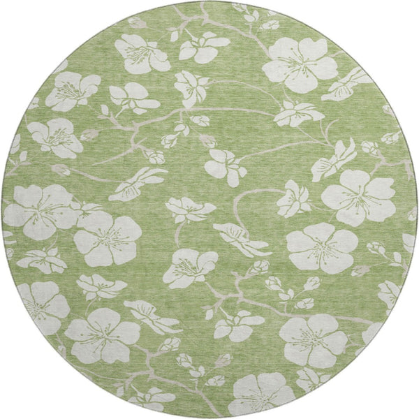 HomeRoots 8' Artichoke Green & Ivory Floral Washable Round Rug - UV Protected, Stain-Resistant & Stylish Design 681002