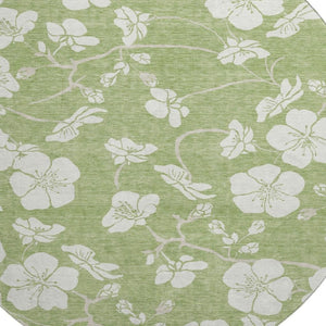 HomeRoots 8' Artichoke Green & Ivory Floral Washable Round Rug - UV Protected, Stain-Resistant & Stylish Design 681002