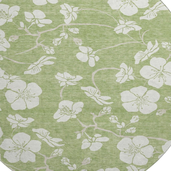 HomeRoots 8' Artichoke Green & Ivory Floral Washable Round Rug - UV Protected, Stain-Resistant & Stylish Design 681002