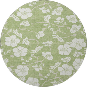 HomeRoots 8' Artichoke Green & Ivory Floral Washable Round Rug - UV Protected, Stain-Resistant & Stylish Design 681002