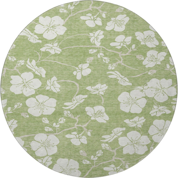 HomeRoots 8' Artichoke Green & Ivory Floral Washable Round Rug - UV Protected, Stain-Resistant & Stylish Design 681002