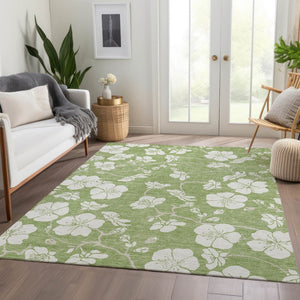 HomeRoots 8' X 10' Artichoke Green Floral Area Rug - Washable, UV Protected, Durable for High-Traffic Homes 681003