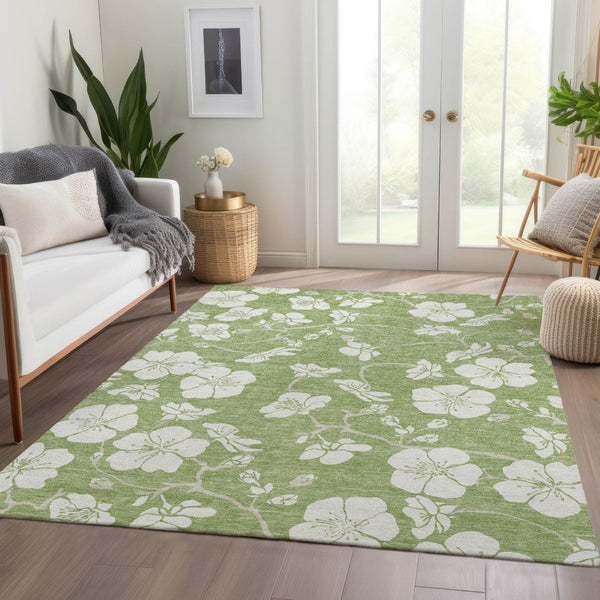 HomeRoots 8' X 10' Artichoke Green Floral Area Rug - Washable, UV Protected, Durable for High-Traffic Homes 681003