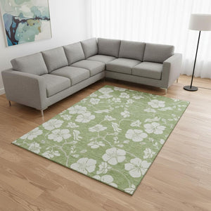 HomeRoots 9' X 12' Artichoke Green Floral Area Rug - Washable, Stain Resistant, UV Protected for Busy Homes 681004