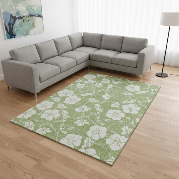 HomeRoots 9' X 12' Artichoke Green Floral Area Rug - Washable, Stain Resistant, UV Protected for Busy Homes 681004