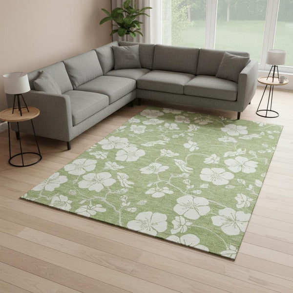 HomeRoots 10' Artichoke Green & Ivory Floral Washable Area Rug - Durable, UV-Protected, Perfect for Homes! 681005