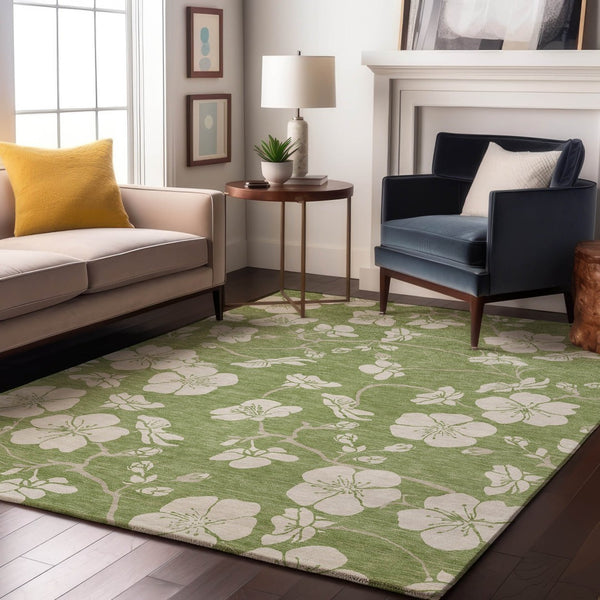 HomeRoots 10' Artichoke Green & Ivory Floral Washable Area Rug - Durable, UV-Protected, Perfect for Homes! 681005