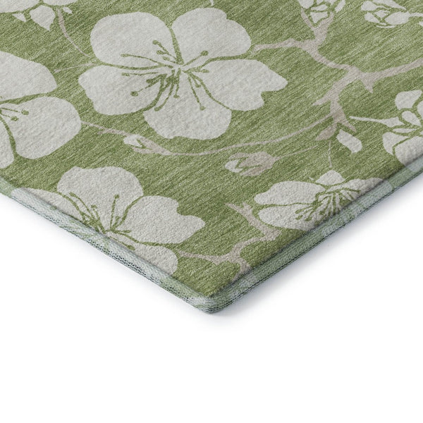 HomeRoots 10' Artichoke Green & Ivory Floral Washable Area Rug - Durable, UV-Protected, Perfect for Homes! 681005