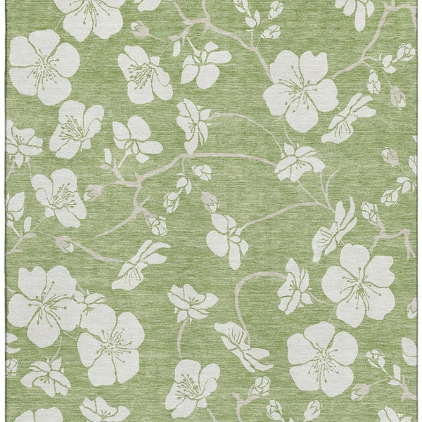 HomeRoots 10' Artichoke Green & Ivory Floral Washable Area Rug - Durable, UV-Protected, Perfect for Homes! 681005