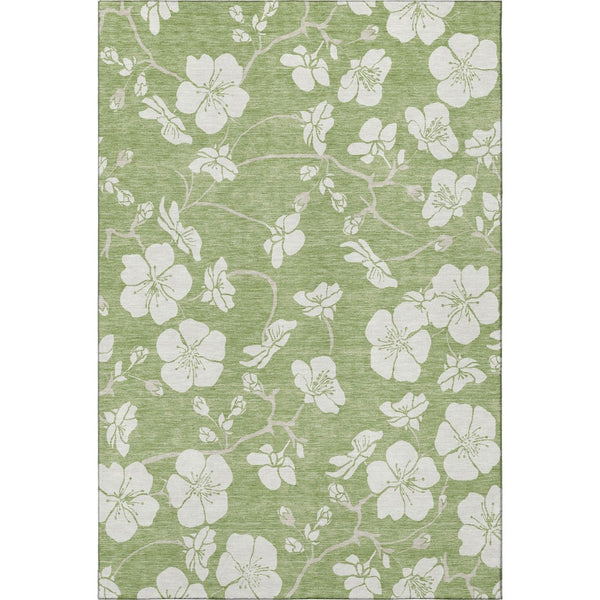 HomeRoots 10' Artichoke Green & Ivory Floral Washable Area Rug - Durable, UV-Protected, Perfect for Homes! 681005