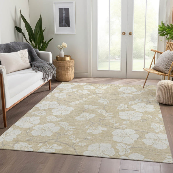 HomeRoots 5' X 8' Beige and Ivory Floral Area Rug – Washable, Stain Resistant, UV Protected for Busy Homes 681007