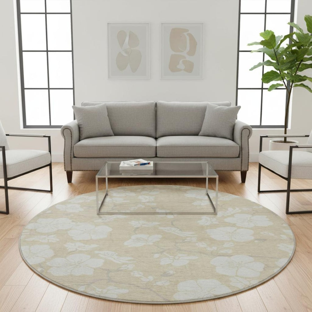 HomeRoots 8' Beige and Ivory Floral Washable Area Rug - Durable, UV-Protected Design for Living Spaces & Outdoors 681008