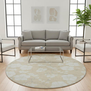 HomeRoots 8' Beige and Ivory Floral Washable Area Rug - Durable, UV-Protected Design for Living Spaces & Outdoors 681008