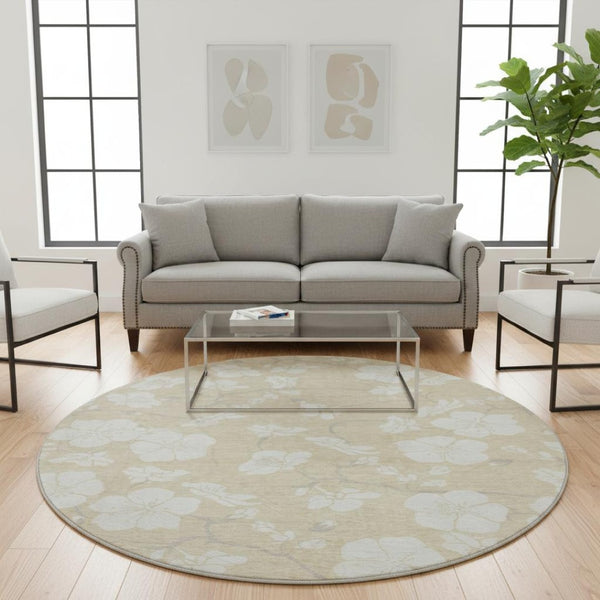 HomeRoots 8' Beige and Ivory Floral Washable Area Rug - Durable, UV-Protected Design for Living Spaces & Outdoors 681008