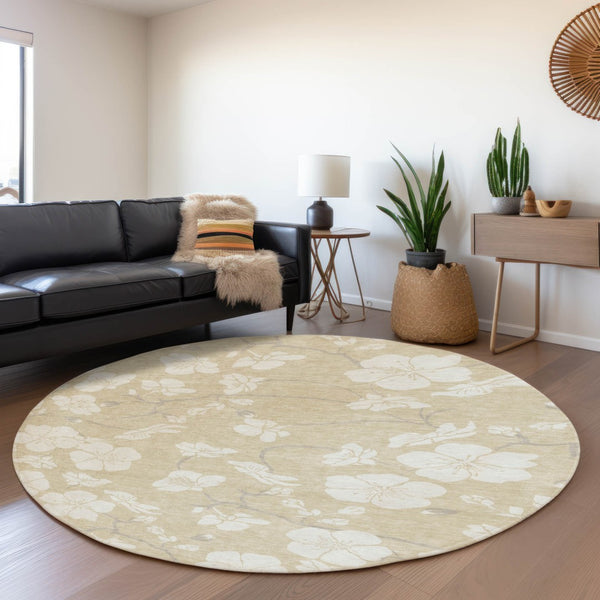 HomeRoots 8' Beige and Ivory Floral Washable Area Rug - Durable, UV-Protected Design for Living Spaces & Outdoors 681008