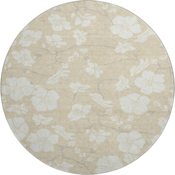 HomeRoots 8' Beige and Ivory Floral Washable Area Rug - Durable, UV-Protected Design for Living Spaces & Outdoors 681008