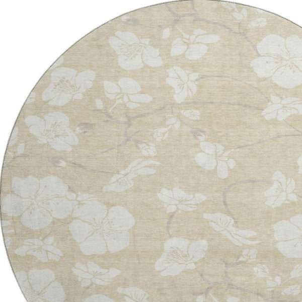 HomeRoots 8' Beige and Ivory Floral Washable Area Rug - Durable, UV-Protected Design for Living Spaces & Outdoors 681008