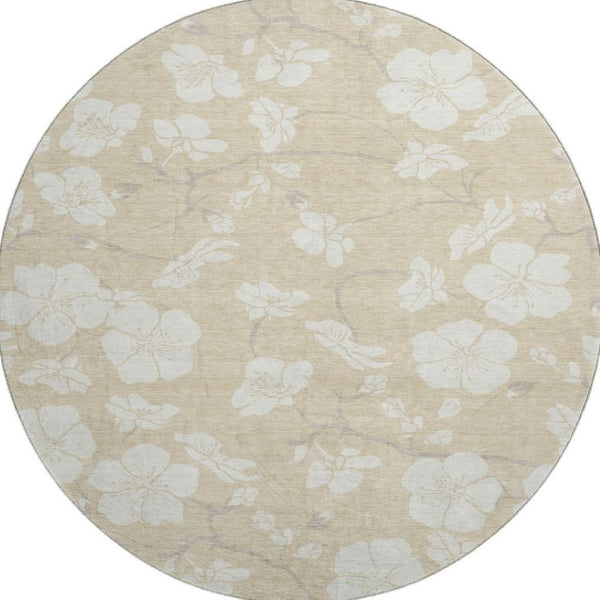 HomeRoots 8' Beige and Ivory Floral Washable Area Rug - Durable, UV-Protected Design for Living Spaces & Outdoors 681008