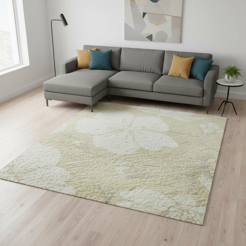 HomeRoots 8' X 10' Beige and Ivory Floral Washable Area Rug with UV Protection for Busy Homes & Elegant Spaces 681009
