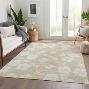 HomeRoots 9' X 12' Elegant Beige & Ivory Floral Washable Area Rug with UV Protection for Family Spaces 681010