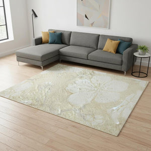 HomeRoots 10' X 14' Beige & Ivory Floral Area Rug - Washable, UV-Protected & Perfect for Family Spaces! 681011