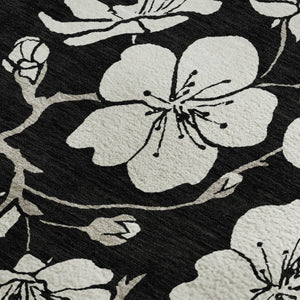 HomeRoots 5' X 8' Black and Ivory Floral Area Rug - Washable, UV Protected, Durable Design for High-Traffic Homes 681013