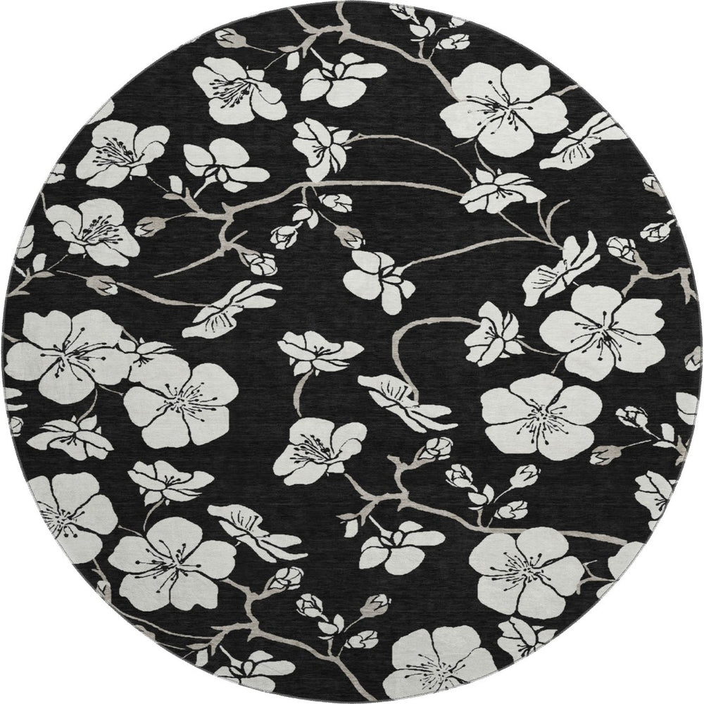 HomeRoots 8' Black and Ivory Floral Round Rug - Durable, Washable with UV Protection for Stylish Living Spaces 681014