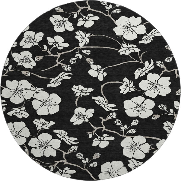 HomeRoots 8' Black and Ivory Floral Round Rug - Durable, Washable with UV Protection for Stylish Living Spaces 681014