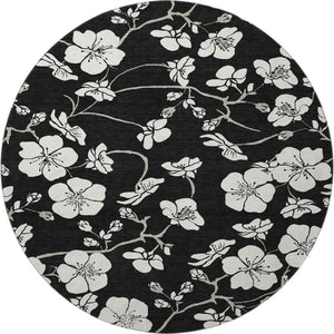 HomeRoots 8' Black and Ivory Floral Round Rug - Durable, Washable with UV Protection for Stylish Living Spaces 681014